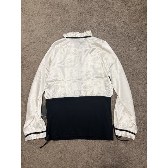 Romantic White Satiny Black Trim Bow Ties Medium Dolce Cabo Blouse NWT - Picture 4 of 8